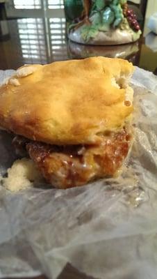 Behold the Debbie's tenderloin biscuit with white gravy.