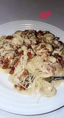 Chicken ala creama with breaded chicken and Angel hair pasta