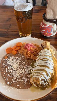 Fajita veggies tamal combo with salsa verde