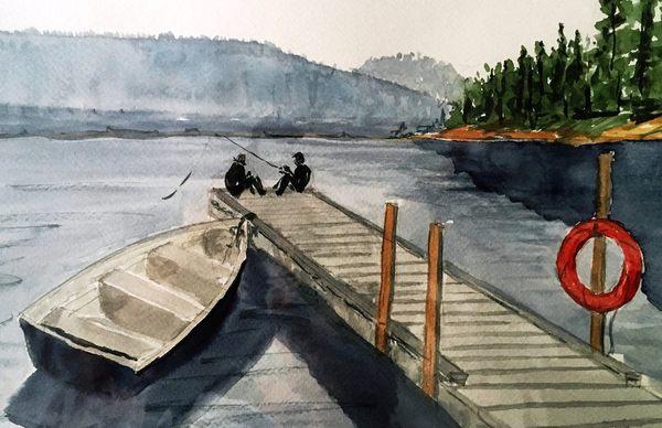 Fishing, watercolor on paper.