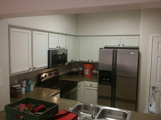 Newly painted kitchen cabinets.