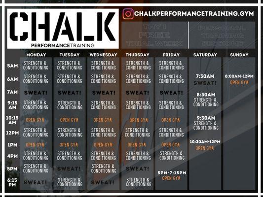 This is our up to date schedule! Come and check us out for a free trial week.