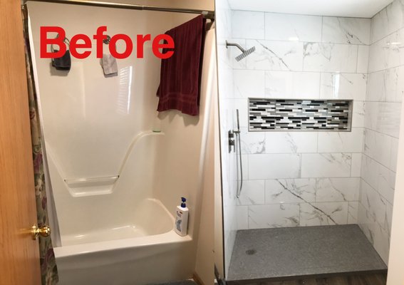 Before and After of a master bath remodel. Removed the tub and installed a shower in place. Built a custom sized shower niche.