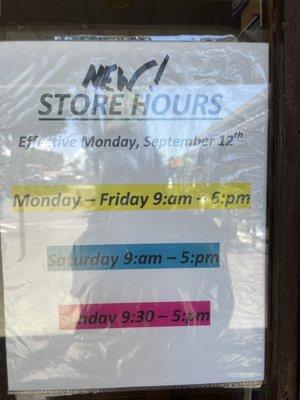 New store hours starting Sept. 12, 2022.