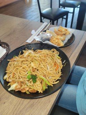 Chicken Chow Mein and dumplings. My 8 year old daughter said she'd never had food this good!