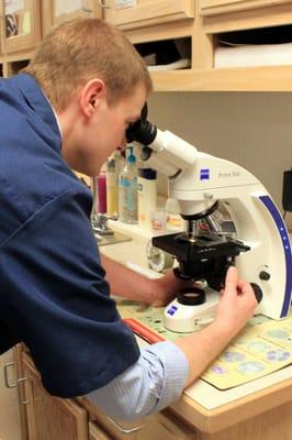 Dr. Todd Crowe examining a sample under the microscope