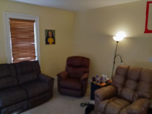 A couch and 2 recliners in our living room.