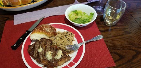 Amazing grilled rib eye steak with compound butter and mushroom risotto! Yum....