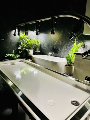 Vichy shower and jet soaking tub with lush live greenery