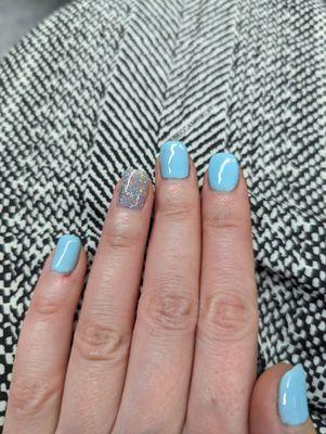 Gel manicure, color: free spirit (more like a Robin's egg blue in person, slightly brighter in picture) and sparkle was #59 I think.