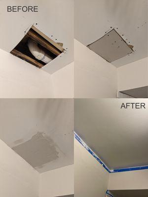 Fixing a hole in your ceiling in 4 easy steps:
  - fitting a patch
  - applying joint compound
  - sanding smooth
  - painting