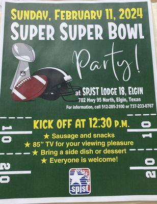 Invitation to Super Bowl Party at Elgin SPJST