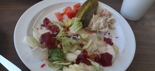 Salad bat, pickle, tomatoes, cucumber, tuna salad, cranberry. Tasty.