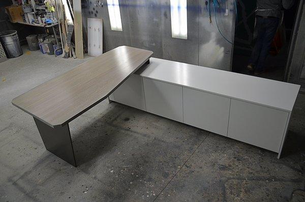 WML Custom White Oak desk with lacquered office credenza and bronze finished metal leg