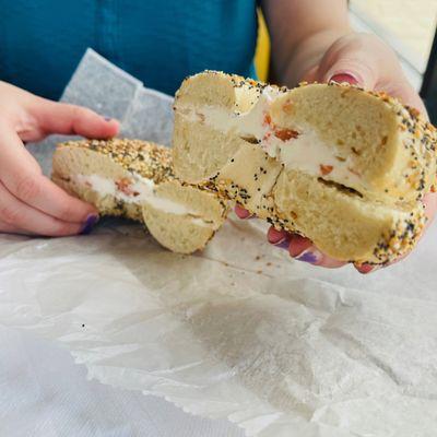 A fresh Everything Bagel with Lox Cream Cheese :)