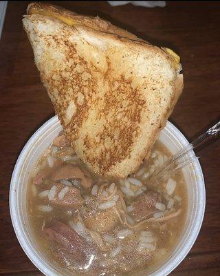 Our famous gumbo with a grilled cheese!