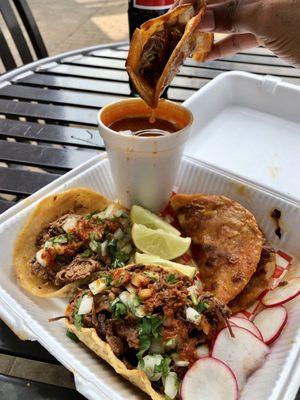 Two Quesatacos, one soft taco and one Vampiro (Birria De Res & Chivo). Lunch 10/9/2020