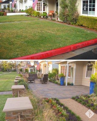 Before and After of a front yard remodel project. New design includes a paver patio and pillars, accent planters, and eco-friendly landscape