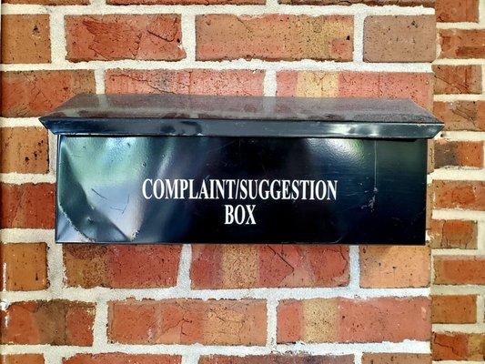 Complaint/Suggestion Box at SUNSHINE COIN LAUNDRY in Thomaston, Georgia.