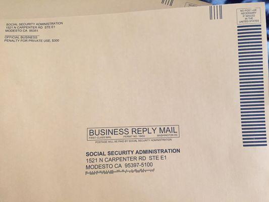 Social Security Administration provides large, self-addressed & postsage-paid mailing envelopes!