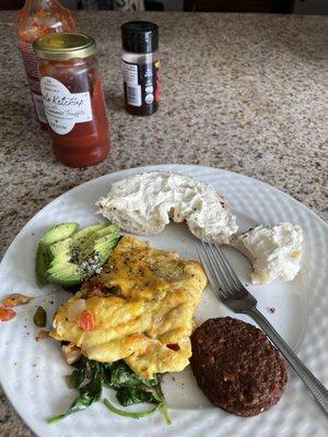 Take out Harvest omelet and everything bagel- I added my own avo, veggie sausage, and spinach! So yummy