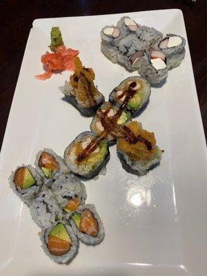 Delicious sushi rolls-chicken, crab and salmon