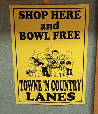 This sign is at the checkout window   Free bowling !!!