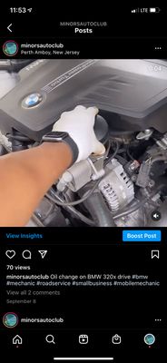 Oil change on 2016 BMW 3 series.