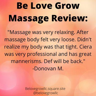 A Be Love Grow Massage review. We appreciate our clients greatly!