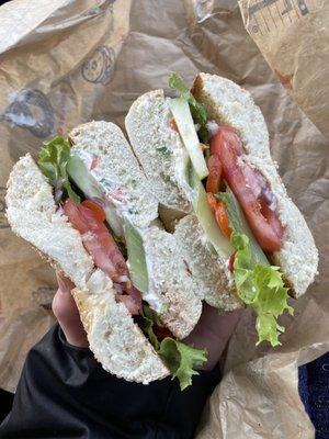 Veggie supreme with sesame bagel and veggie cream cheese