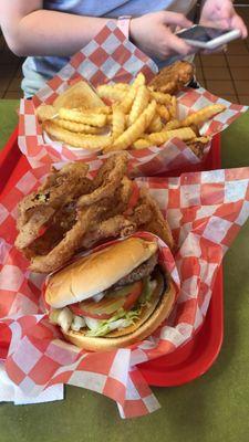 Dixie Burger w/ onion rings and Fish Basket w/ fries