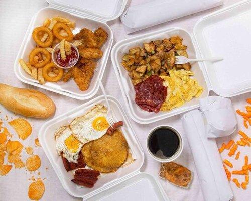 Chicken wings platter, onion rings and French fries , pancake platter, sausage and eggs and home fries platter w eggs and bacon