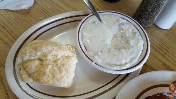 Biscuit and gravy came with breakfast instead of toast. Very good. And, hot!