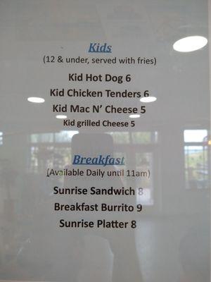 Kids menu and breakfast menu