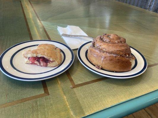 Strawberry rhubarb scone and cinnamon roll.