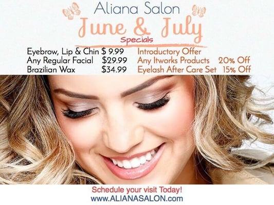 June  Specials Extended to July !! Take advantage for additional time and offers Book "Your Beauty Day" today! At www.alianasalon.com