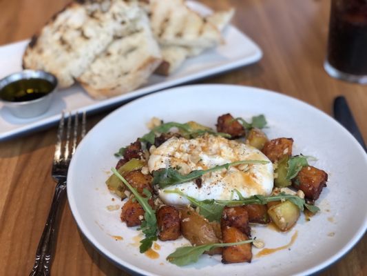 Absolutely sublime Burrata - W/ delicious chili sauce, crunchy toast, surrounded with roasted butternut squash and apples.  grilled bread