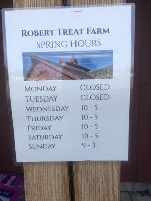 Posted hours for Robert Treat Farm, as of May 5, 2021.