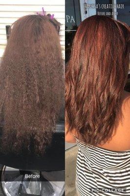 Before and after 
 
 Low lights of chocolate brown red and dark brown after color service we did a olaplex treatment