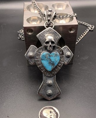 Custom skull cross with kingman turquoise heart