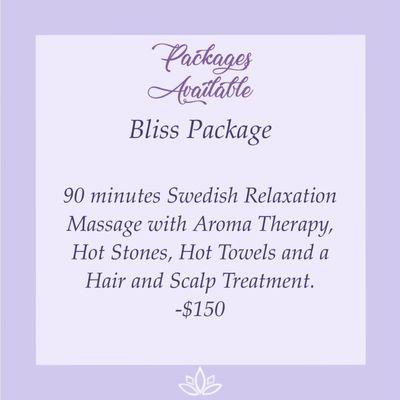 90 minute Swedish relaxation massage with aroma therapy, hot stones, hot towels and a scalp treatment.