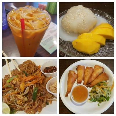 Chaba prawn rolls, chaba pad thai, sticky rice and mango. Thai Iced tea.