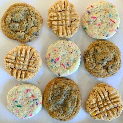 An assortment of our cookies.  Buy them in regular or monster size.