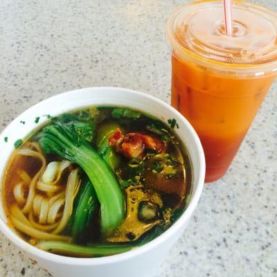 Spicy chicken noodle soup and Iced Thai Tea.