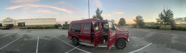 Our camper van, Narwal the Whale, doors open to receive my new purchase!