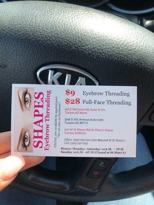 $9 Threading. If you keep this coupon card you get your 10th visit free