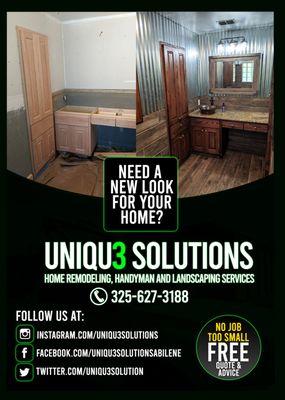 Uniqu3 Solutions - Putting the US in trust. No job too small, Free quote and advice. Call us at : 325-627-3188