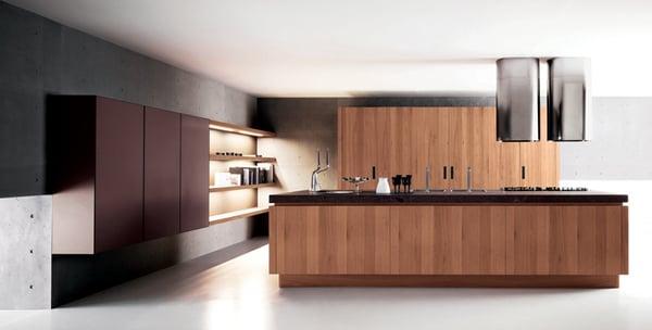 Modern Kitchen in Wood and Wall Hung from wall.