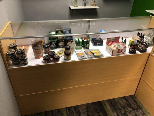 All CBD edibles in this Display case, we have everything from tinctures to suckers to honey sticks.