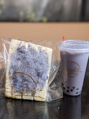 Blueberry coconut cake and taro bubble tea